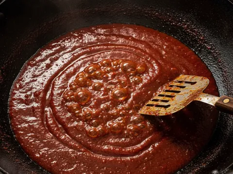 Sos merah gelap menggelegak dalam wok, campuran sos tomato, sos cili dan kicap