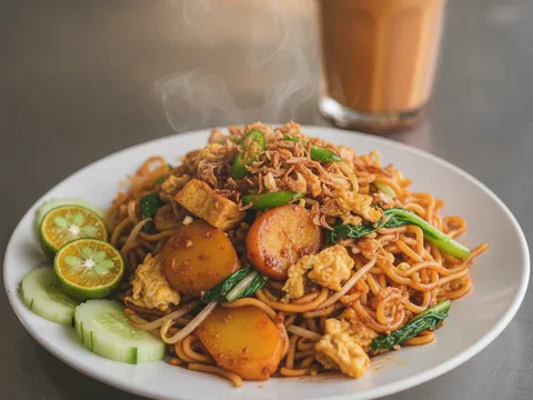 Mee goreng mamak lengkap di atas pinggan dengan limau kasturi, cili hijau dan bawang goreng