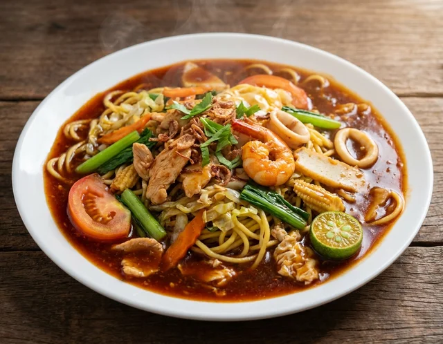 Sepinggan mee hailam berkuah pekat berkilat warna perang kemerahan dengan ayam, udang, sotong, sawi, kobis dan tomato, ditabur bawang goreng dan dihidang bersama belahan limau