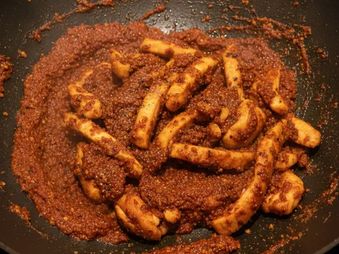 Hirisan ayam digoreng sehingga bersalut tumisan cili kisar dalam kuali panas