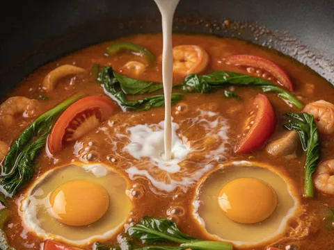 Bancuhan tepung jagung dituang ke dalam kuah mendidih bersama belahan tomato dan telur yang dipecahkan terus ke dalam kuah