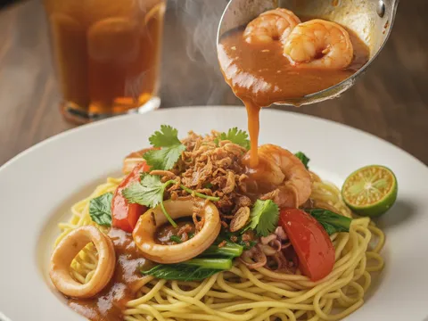 Kuah mee hailam pekat dicurah ke atas mee kuning dalam pinggan, ditabur bawang goreng dan daun sup dengan belahan limau di tepi