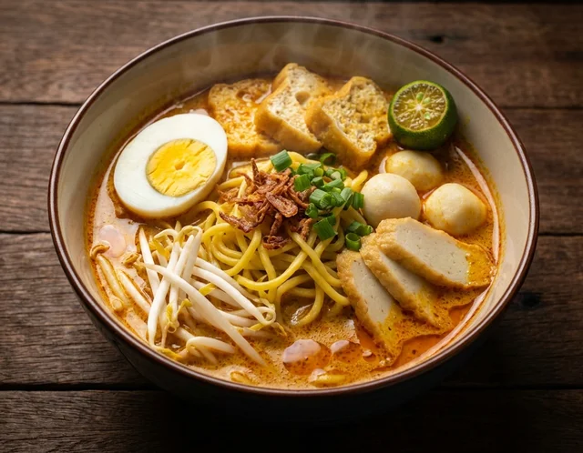 Mee Kari Malaysia dalam mangkuk — kuah kari kuning-oren pekat berkilat dengan mee kuning, taugeh, telur rebus belah dua, tauhu goreng, fishball dan daun bawang