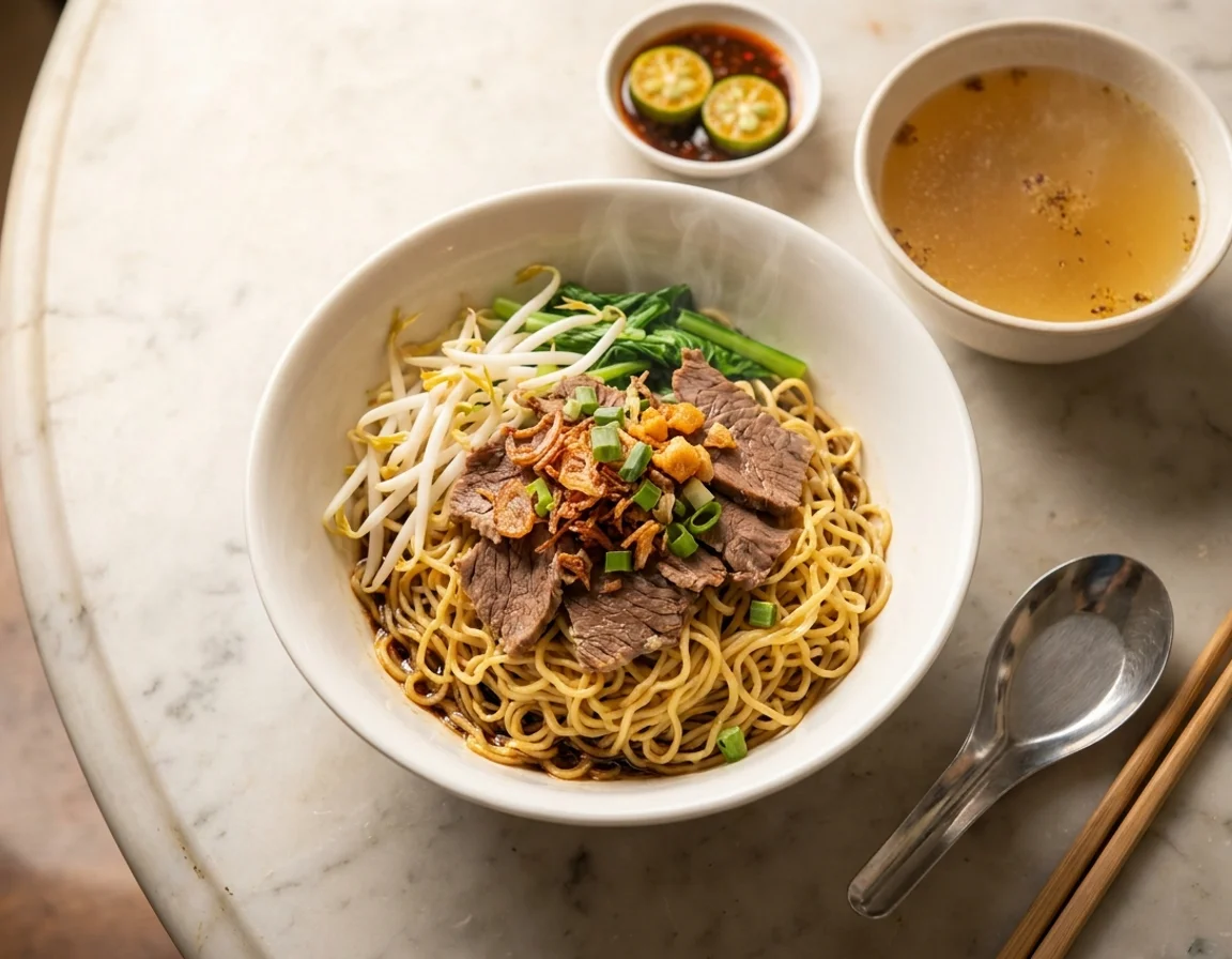 Semangkuk mee kolok Sarawak bertabur bawang goreng dan hirisan daging, dihidang bersama mangkuk sup jernih dan cili kicap di tepi
