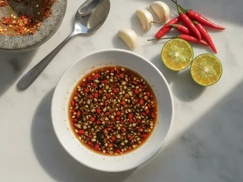 Cili padi dan bawang putih dikisar lumat lalu digaul dengan kicap dan jus limau kasturi dalam mangkuk kecil
