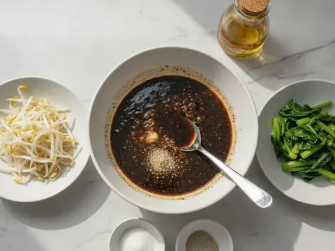 Perencah minyak bawang putih, sos tiram dan kicap dibancuh dalam mangkuk besar di sebelah taugeh dan sawi yang telah dicelur