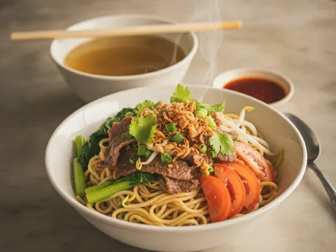 Mee kolok disusun dalam mangkuk dengan hirisan daging, taugeh dan bawang goreng, bersebelahan mangkuk sup jernih dan cili kicap