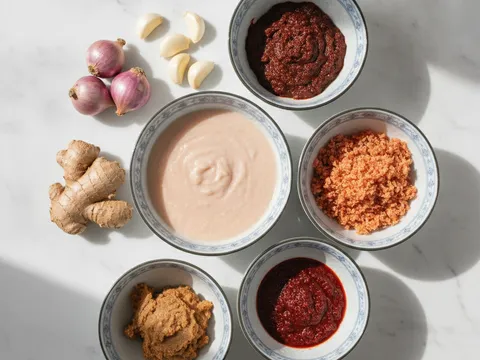Pes bawang kisar, pes serbuk kari, udang kering kisar, taucu dan cili kisar dalam mangkuk berasingan bersama bawang merah, bawang putih dan halia