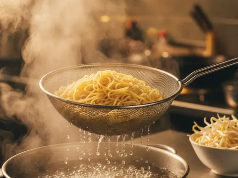 Mee kuning dicelur dalam air mendidih menggunakan penapis dawai, dengan semangkuk taugeh bersedia di sebelah