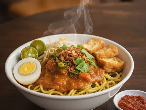 Mangkuk mee rebus lengkap dengan telur rebus, tauhu goreng, taugeh, cili hijau dan limau kasturi sedia dihidang