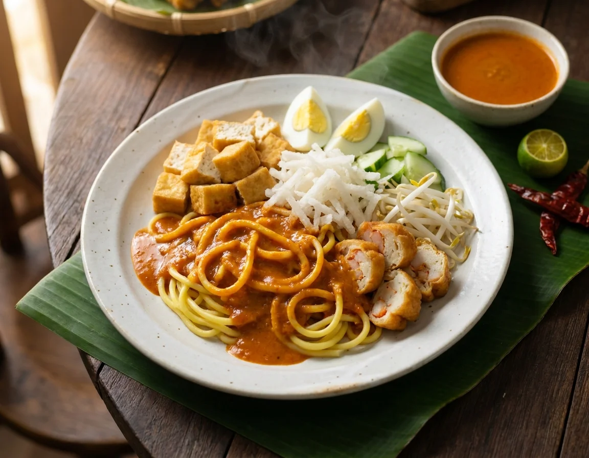 Mee rojak dalam pinggan — mee kuning celur disiram kuah kacang keledek pekat berwarna oren kemerahan, bersama tauhu goreng, telur rebus, sengkuang parut dan hirisan timun