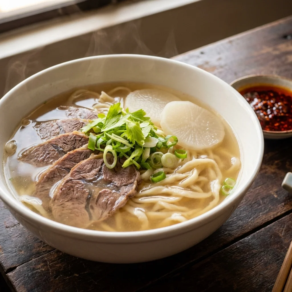Mee Tarik Homemade Ditarik Tangan dengan Sup Daging Bening