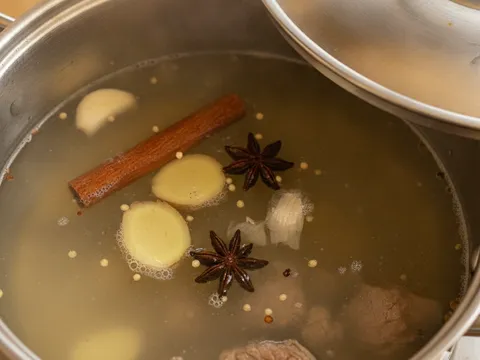 Periuk sup daging direneh perlahan bersama kayu manis, bunga lawang, halia dan bawang putih