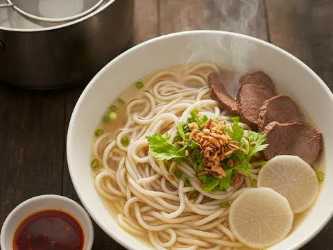 Mee tarik yang baru direbus disusun dalam mangkuk dan disiram sup daging panas sebelum ditabur daun bawang