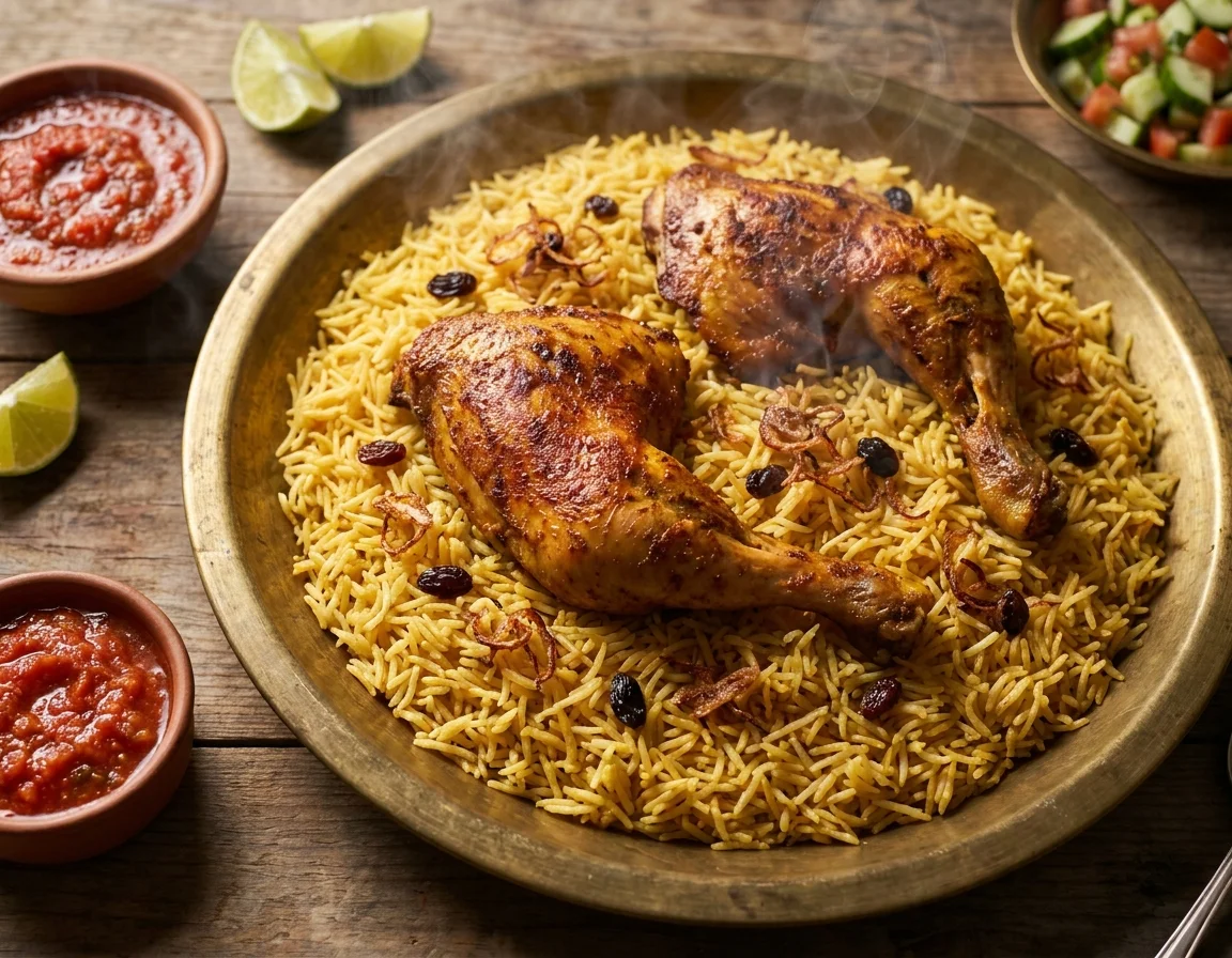 Nasi arab mandy ayam panggang di atas talam dengan nasi basmathi kuning keemasan, kismis, bawang goreng dan sos duqqus merah