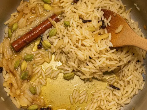 Kapulaga, kayu manis dan bunga cengkih ditumis bersama bawang dan beras basmathi dalam periuk