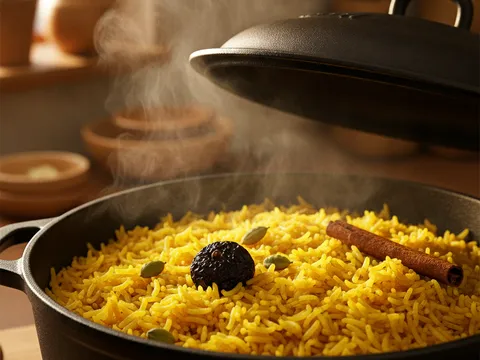 Nasi basmathi kuning keemasan masak dalam periuk bersama loomi dan rempah tumbuk, wap naik dari nasi