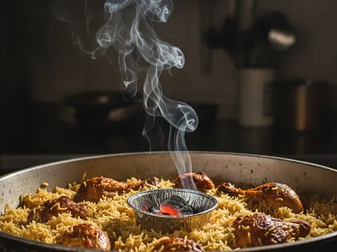 Bara arang merah dalam mangkuk foil kecil di tengah nasi mandy, asap putih naik dari bara, ayam panggang disusun di sekeliling