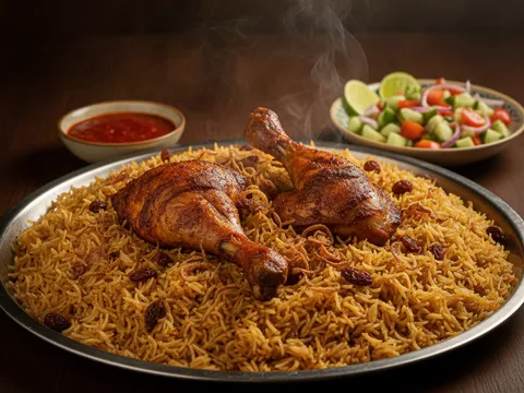 Hidangan lengkap nasi arab mandy ayam di atas talam besar dengan kismis, bawang goreng dan mangkuk kecil sos duqqus