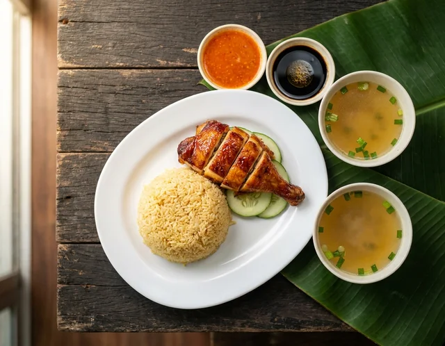 Nasi ayam gerai lengkap — nasi stok halia, ayam panggang madu dipotong, sos cili merah, sup dan hirisan timun