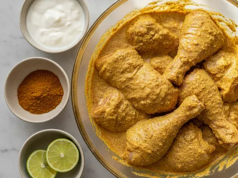 Ketul ayam bersalut perapan yogurt dan rempah briyani berwarna kuning oren dalam mangkuk kaca