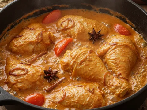Ketul ayam berempah dimasak dalam kuah yogurt pekat berwarna oren bersama tomato dalam periuk