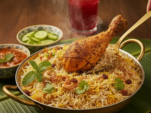 Nasi briyani siap dengan jalur kuning saffron, ditabur daun pudina dan bawang goreng, ayam berempah di tengah pinggan