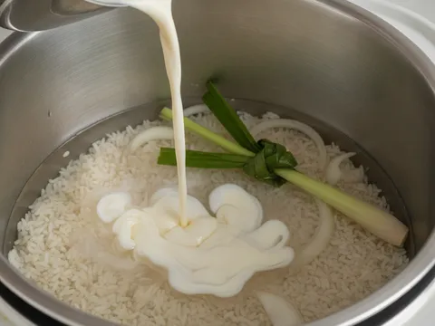 Susu sejat dituang dari cawan penyukat ke dalam periuk nasi berisi beras bersalut butter