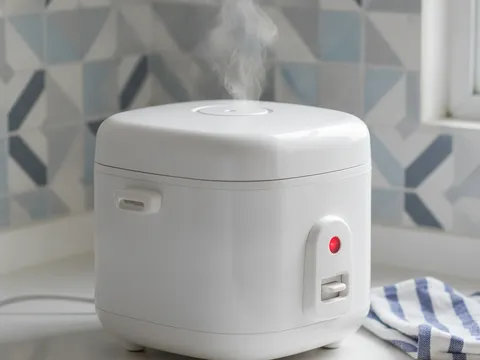 Periuk nasi elektrik tertutup dengan lampu penunjuk menyala semasa nasi butter ditanak