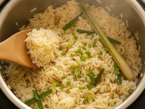 Nasi butter siap masak digaul dengan senduk kayu dalam periuk nasi, bertabur hirisan daun bawang