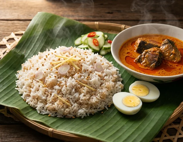 Nasi dagang Terengganu berlemak dengan halba dihidang bersama gulai ikan tongkol pekat, telur rebus dan acar timun di atas daun pisang