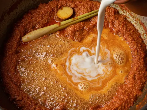 Rempah gulai merah ditumis pecah minyak dalam periuk kemudian dituang santan menjadi kuah gulai jingga