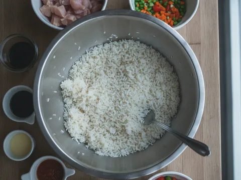 Nasi putih sejuk dileraikan dengan garfu dalam mangkuk besar sehingga butirannya berasingan