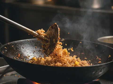Nasi digaul dengan pes cili kering dan kicap dalam kuali atas api besar sehingga berwarna keperangan sekata