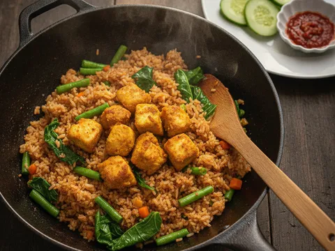Nasi goreng ayam siap dalam kuali dengan kacang panjang, sawi dan ketulan ayam, sedia untuk dihidang