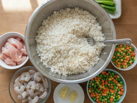 Nasi sejuk dileraikan dalam mangkuk bersama mangkuk kecil berisi hirisan ayam, udang, bawang putih cincang dan sayur campur di tepi dapur