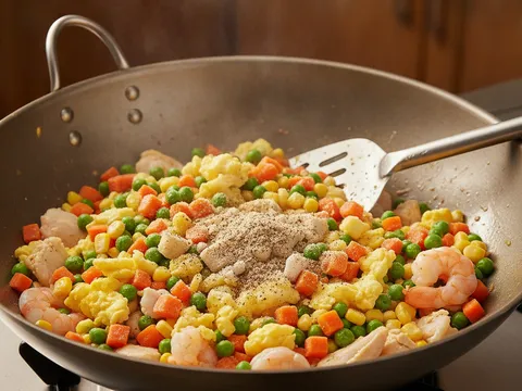 Sayur campur lobak merah, kacang pea dan jagung manis digaul bersama ayam, udang dan telur berketul dalam kuali