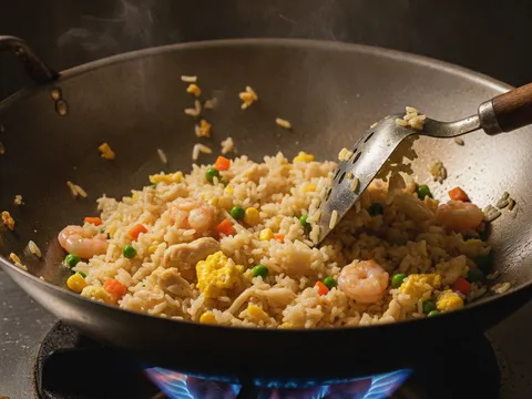 Nasi digoreng dengan api besar dalam kuali, ditekan dengan senduk supaya butirannya lerai dan peroi
