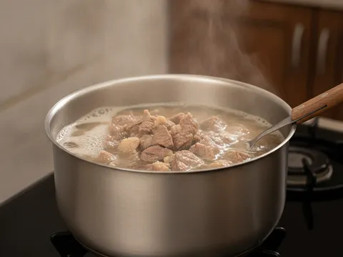 Ketulan daging lembu direbus dalam periuk berisi air sehingga empuk