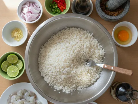 Nasi putih sejuk dileraikan dengan garfu dalam mangkuk besar sehingga berderai