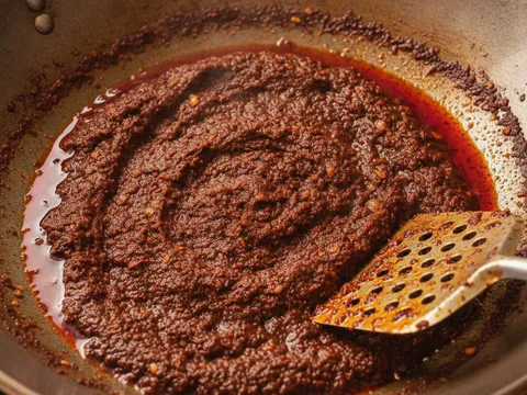 Sambal cili kering tumbuk ditumis dalam kuali sehingga pekat dan minyak berpisah di tepi