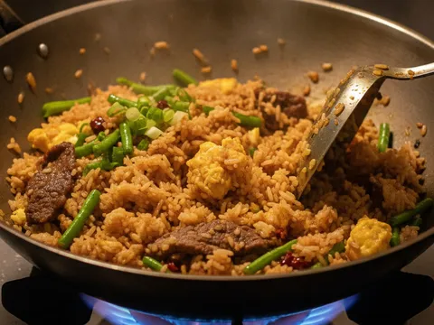 Nasi digoreng dengan api besar dalam kuali bersama sambal, daging dan telur sehingga berasap