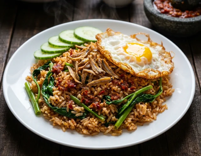 Nasi goreng kampung berderai dengan ikan bilis rangup, kangkung dan telur mata kerbau di atas pinggan putih