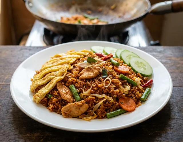 Nasi goreng paprik merah berkilat dengan hirisan ayam, kacang panjang, lobak merah dan kobis dalam pinggan putih, dihidang bersama telur dadar dan hirisan timun
