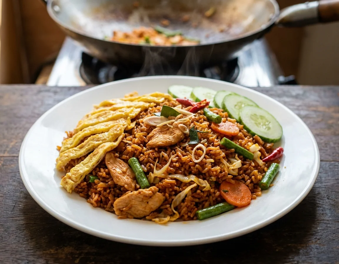Nasi goreng paprik merah berkilat dengan hirisan ayam, kacang panjang, lobak merah dan kobis dalam pinggan putih, dihidang bersama telur dadar dan hirisan timun