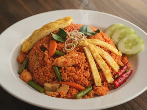 Nasi goreng paprik merah berkilat dalam pinggan putih bertelur dadar hiris dan hirisan timun di tepinya