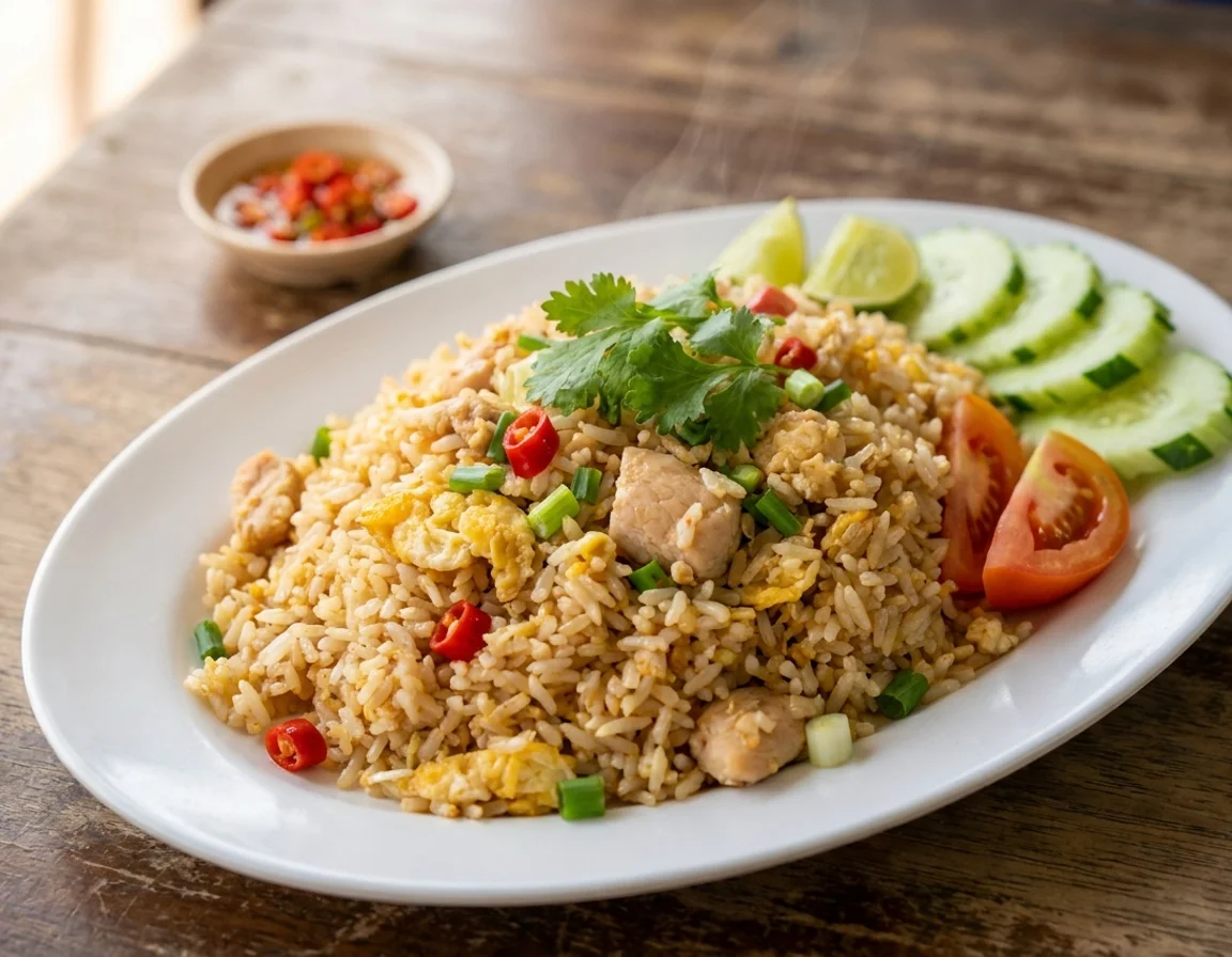 Nasi goreng thai berderai dengan ayam, telur, cili dan daun bawang di atas pinggan, dihidang bersama hirisan timun dan potongan limau nipis