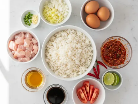 Bahan nasi goreng thai disusun — nasi sejuk dileraikan, dadu ayam, bawang putih cincang, cili tumbuk, tomato dan daun bawang