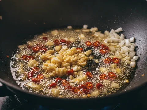 Bawang putih cincang dan cili tumbuk ditumis dalam minyak panas di dalam wok sehingga naik bau