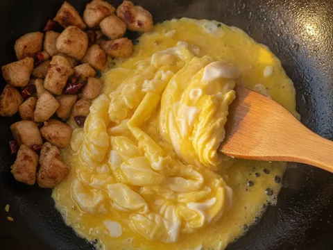 Telur dipecahkan terus ke dalam wok dan dikacau separuh set di sebelah dadu ayam yang sudah masak